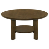 Ottowa Round Wood Coffee Table, End Table & Sets - Sculpted Cylinder Legs with Shelf in Brown Oak – view 8