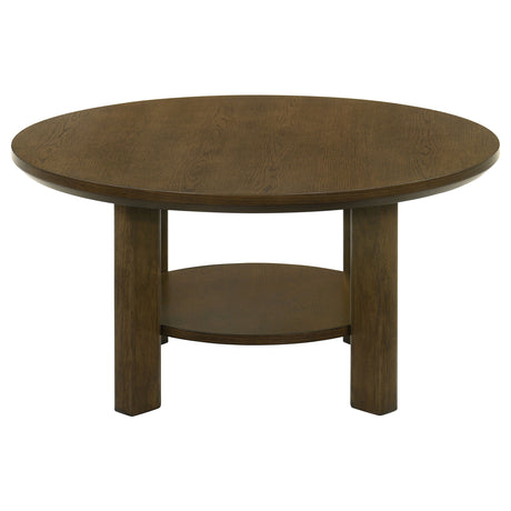 Ottowa Round Wood Coffee Table, End Table & Sets - Sculpted Cylinder Legs with Shelf in Brown Oak – view 8