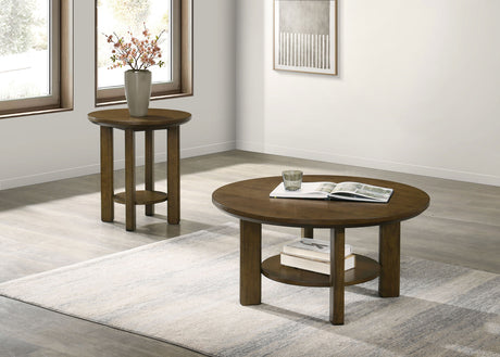 Ottowa Round Wood Coffee Table, End Table & Sets - Sculpted Cylinder Legs with Shelf in Brown Oak – view 13
