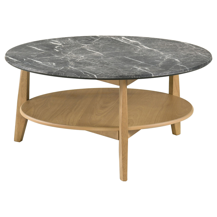 Bradley Round SmartTop Coffee & End Table with Shelf - Mid-Century Grey and Natural Ash