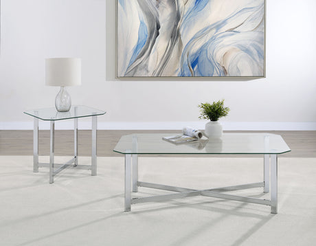 Cronin Glass Top Coffee & End Tables - Contemporary Chrome Frame with Cross Bracing – view 16