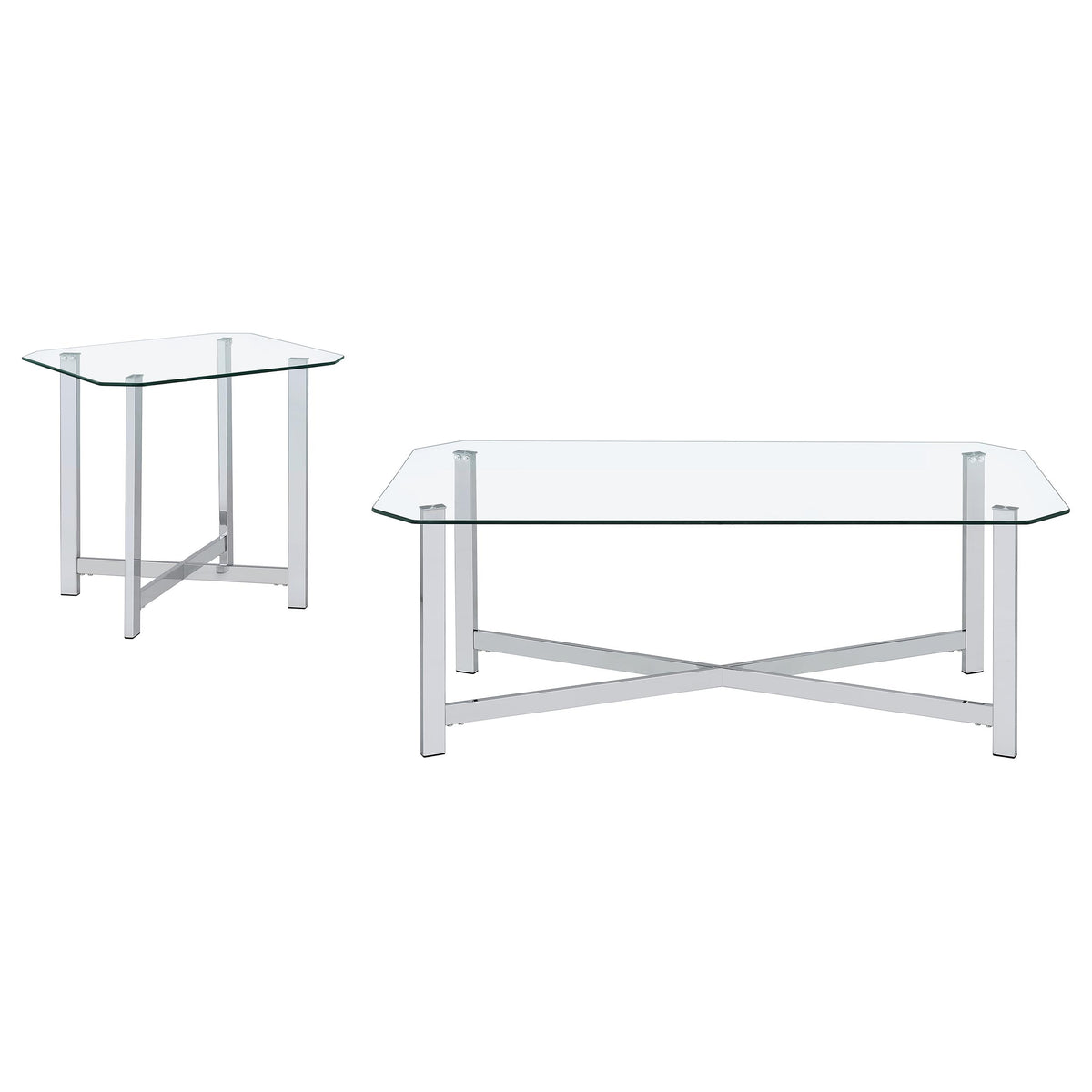 Cronin Glass Top Coffee & End Tables - Contemporary Chrome Frame with Cross Bracing – view 17
