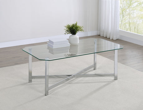 Cronin Glass Top Coffee & End Tables - Contemporary Chrome Frame with Cross Bracing – view 1