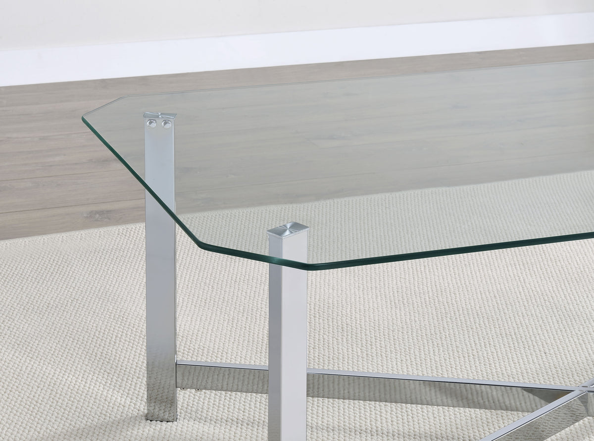 Cronin Glass Top Coffee & End Tables - Contemporary Chrome Frame with Cross Bracing – view 8