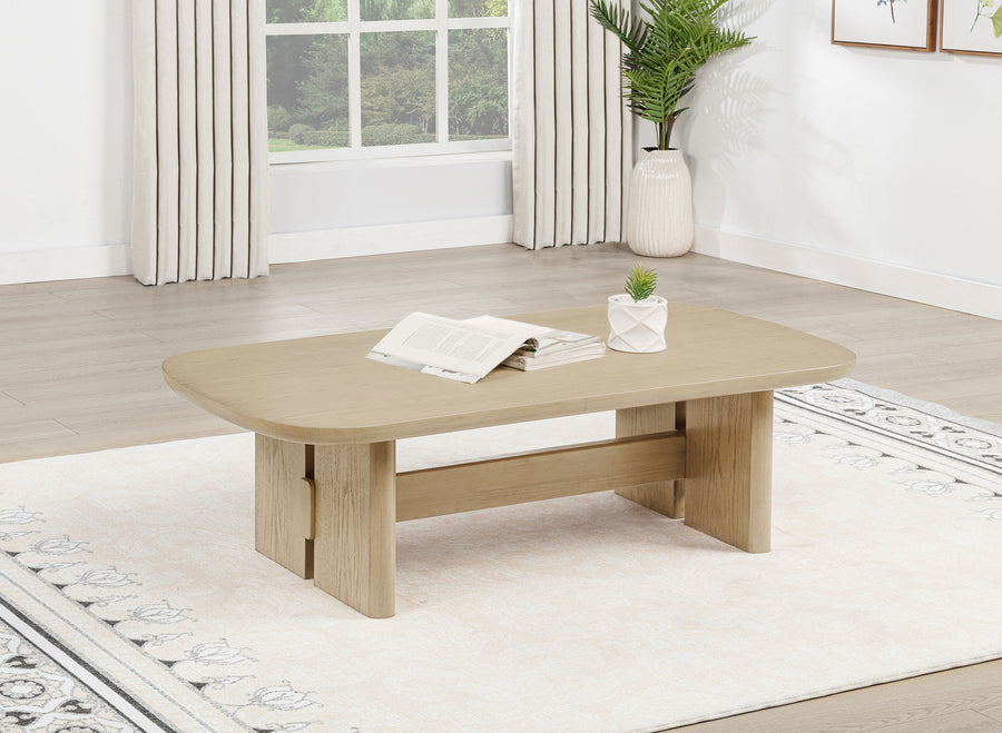 Kailani Coastal Coffee Table, End Table, Sofa Table & 79" Cane TV Stand - Beige Oak