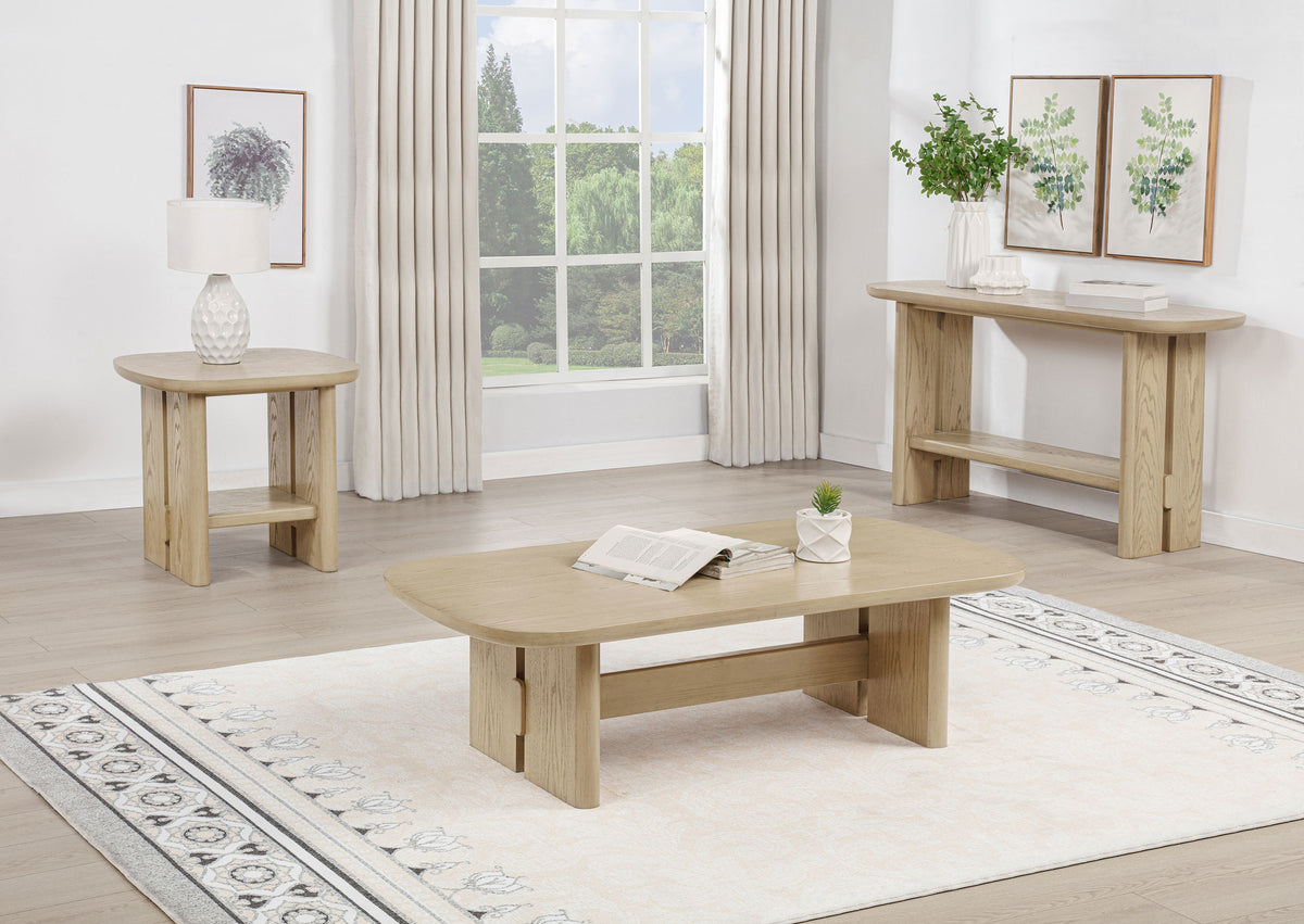 Kailani Coastal Coffee Table, End Table, Sofa Table & 79" Cane TV Stand - Beige Oak – view 14