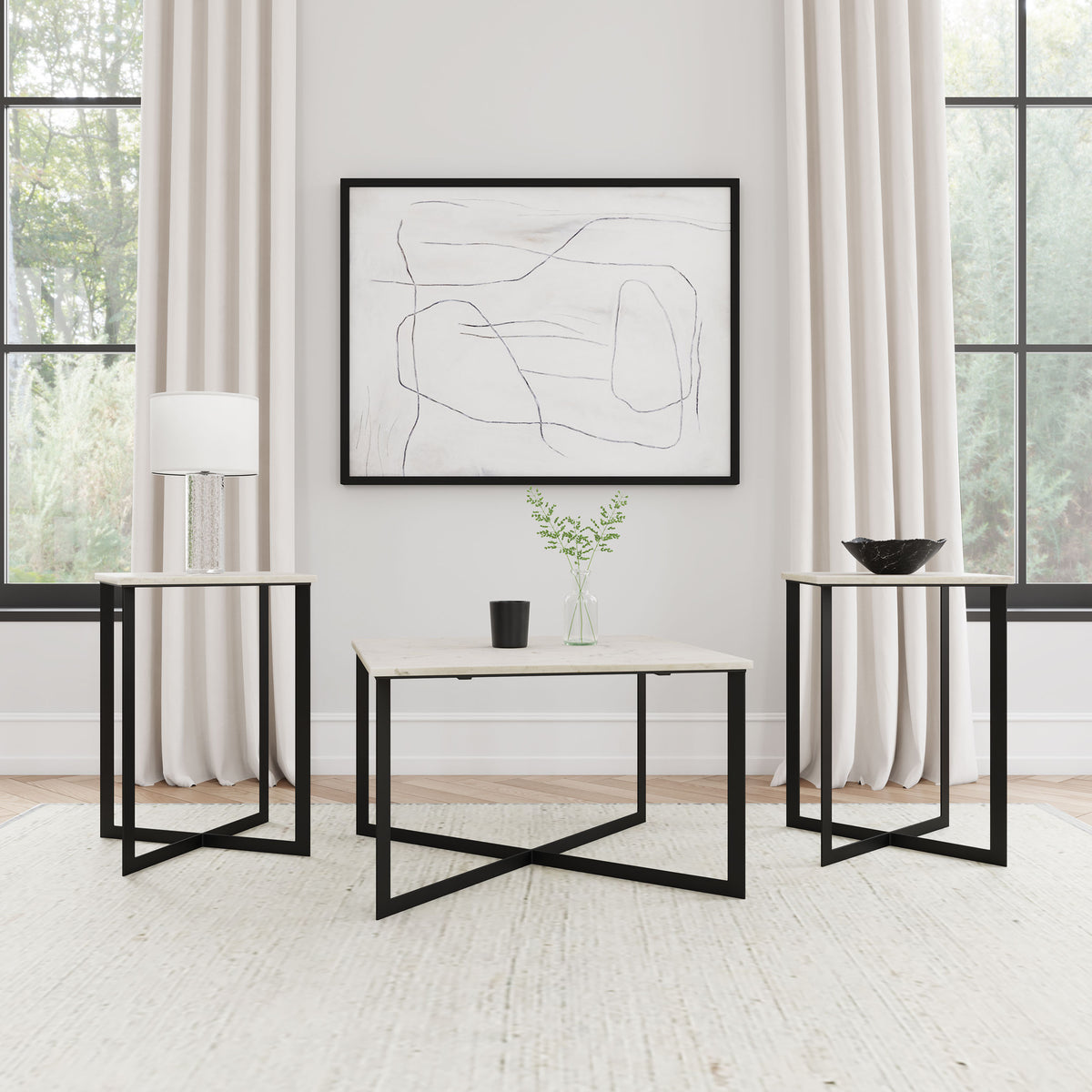 Tobin Square Marble Top Coffee Table & End Table Sets - 3pcs- Coffee Table + 2 End Tables