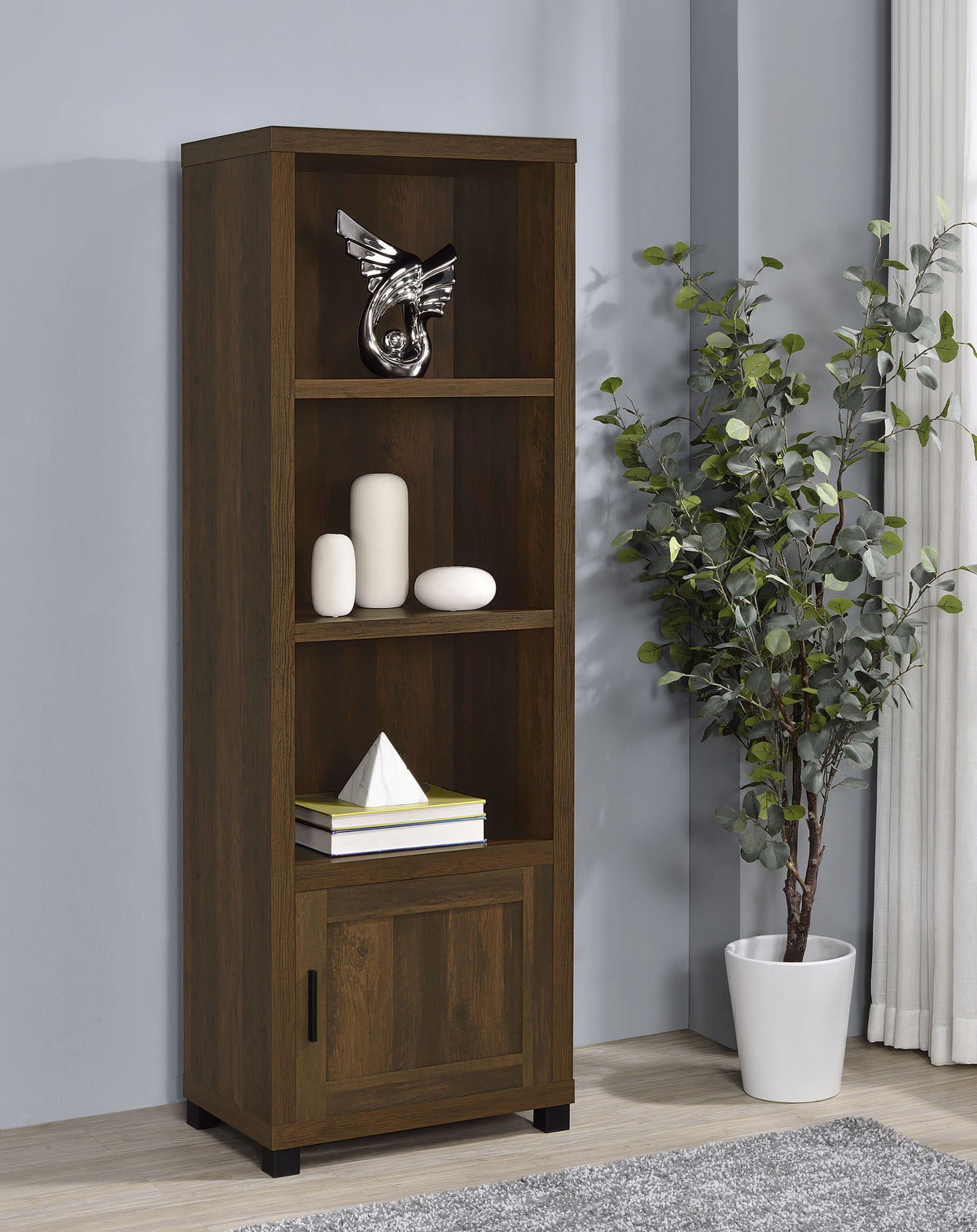 Sachin 79" TV Stand & Entertainment Center with Media Towers - Rustic Pine with Glass Doors & Black Metal Legs - lifestyle