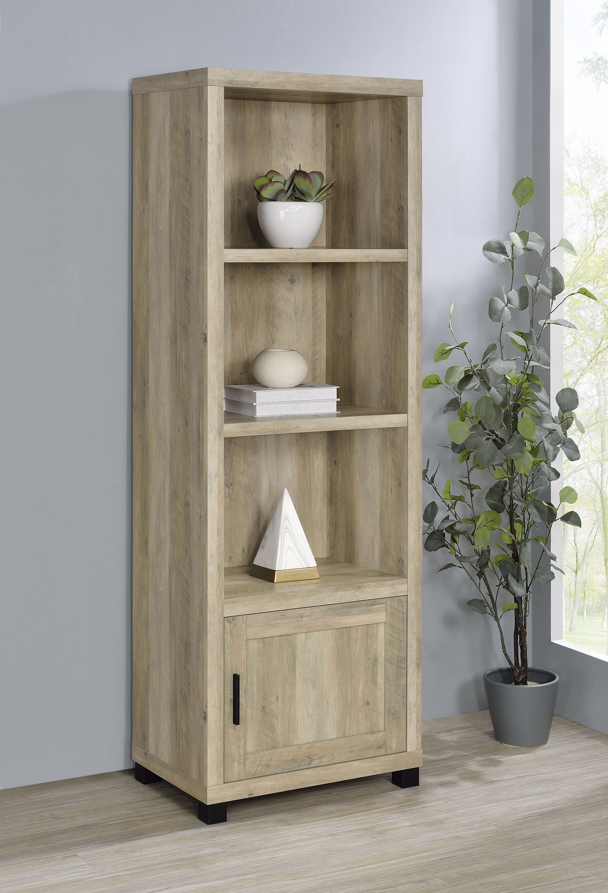 Sachin 79" TV Stand & Entertainment Center with Media Towers - Rustic Pine with Glass Doors & Black Metal Legs - lifestyle