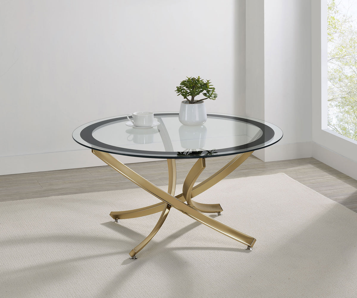 Brooke Round Glass Top Coffee & End Table Sets - Curved Rose Brass Metal Base with Black Frame – view 1