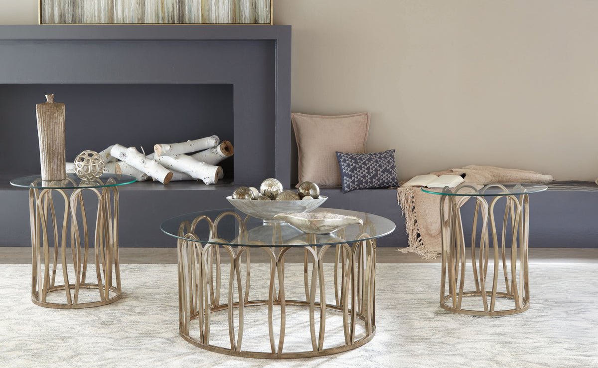 Monett Round Glass Top Coffee Table & End Table Sets - 3pcs- Coffee Table + 2 End Tables