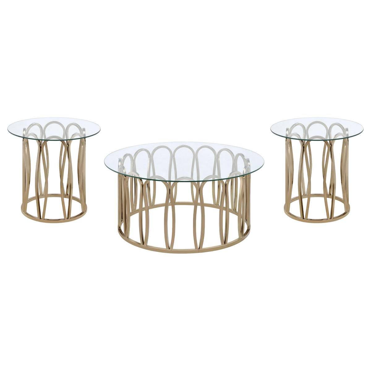 Monett Round Glass Top Coffee Table & End Table Sets - Geometric Chocolate Chrome Metal Base – view 16