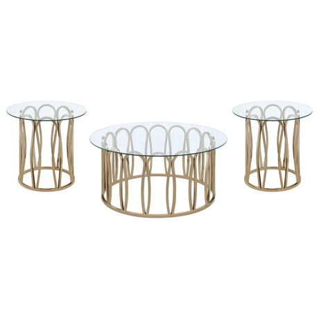 Monett Round Glass Top Coffee Table & End Table Sets - Geometric Chocolate Chrome Metal Base – view 16