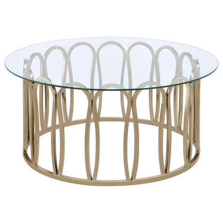 Monett Round Glass Top Coffee Table & End Table Sets - Geometric Chocolate Chrome Metal Base – view 18
