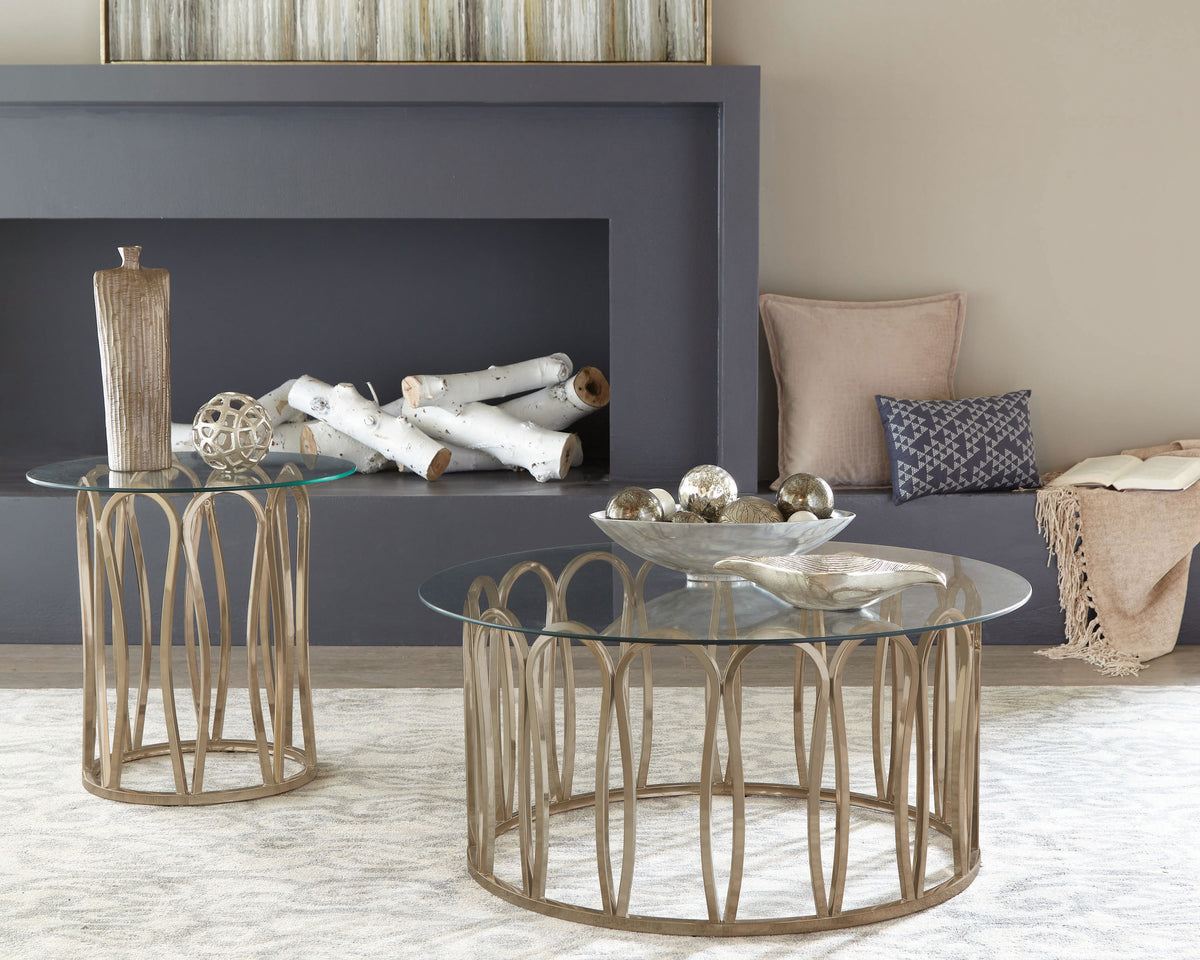 Monett Round Glass Top Coffee Table & End Table Sets - Geometric Chocolate Chrome Metal Base – view 7