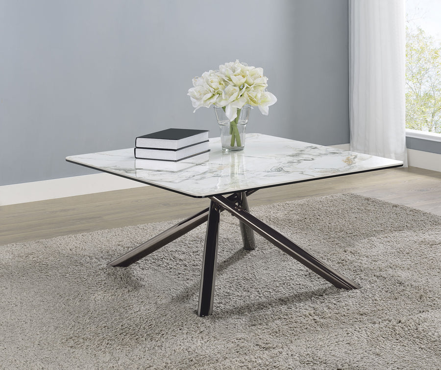 Carvell Square Sintered Stone Coffee Table & End Table Sets - Mirage White Top on Black Nickel Asterisk Base