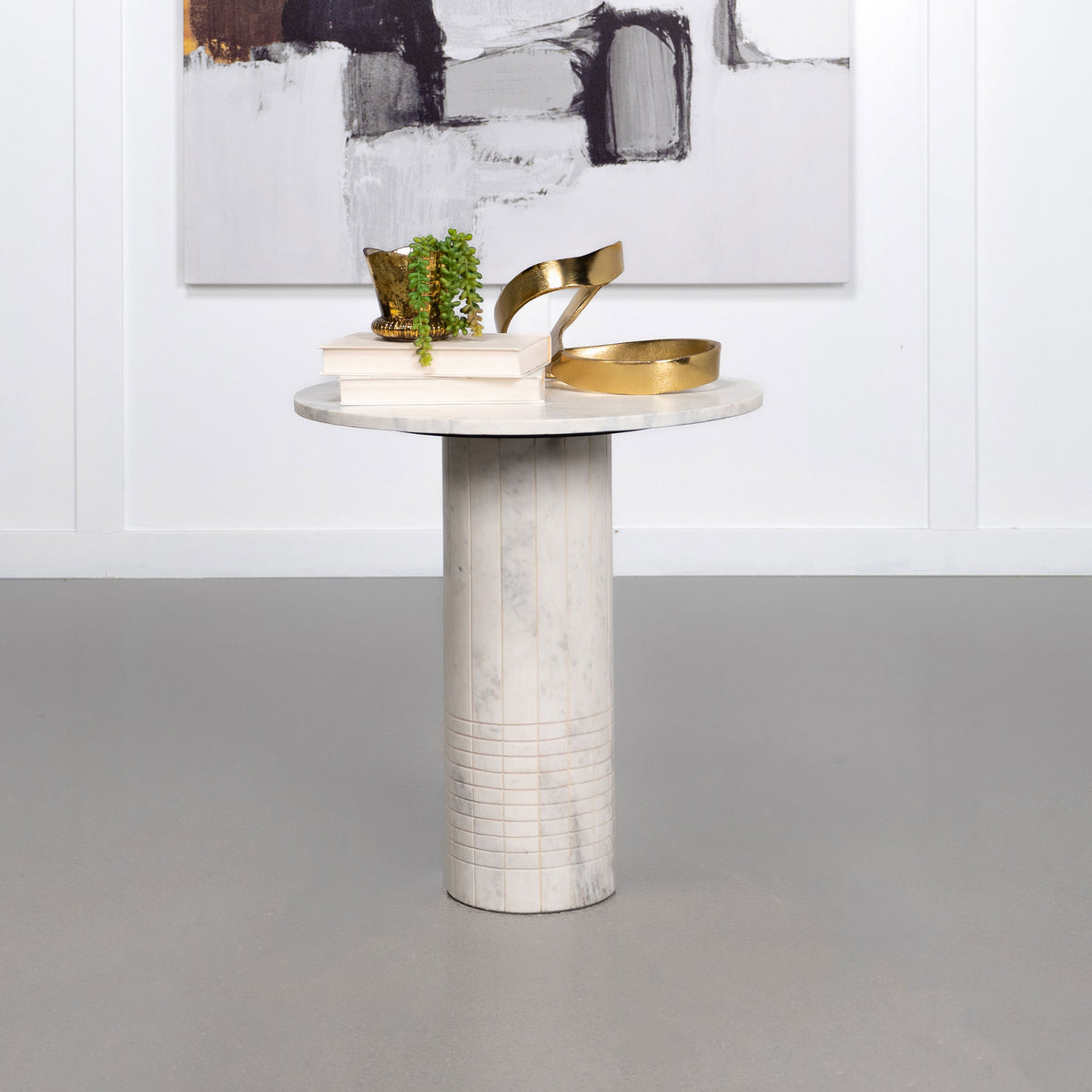 Astoria Round Genuine Marble Coffee Table & End Table Sets - Fluted Pedestal Bases in White – view 2