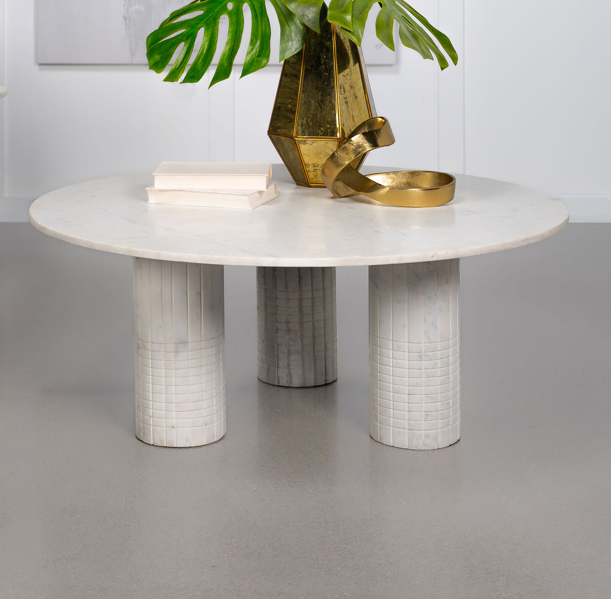 Astoria Round Genuine Marble Coffee Table & End Table Sets - Fluted Pedestal Bases in White – view 1