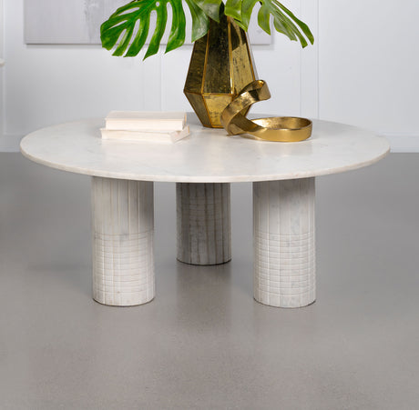 Astoria Round Genuine Marble Coffee Table & End Table Sets - Fluted Pedestal Bases in White – view 1