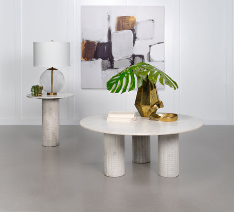 Astoria Round Genuine Marble Coffee Table & End Table Sets - Fluted Pedestal Bases in White – view 11