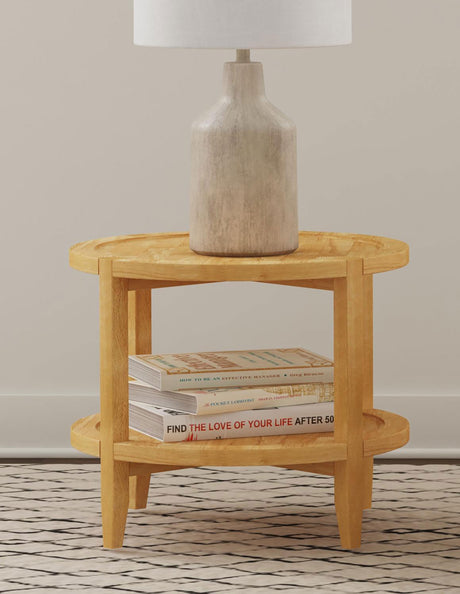 Camillo Round Coffee Table & End Table Sets - Modern Farmhouse Solid Rubberwood with Tray-Edge Shelf in Maple – view 2