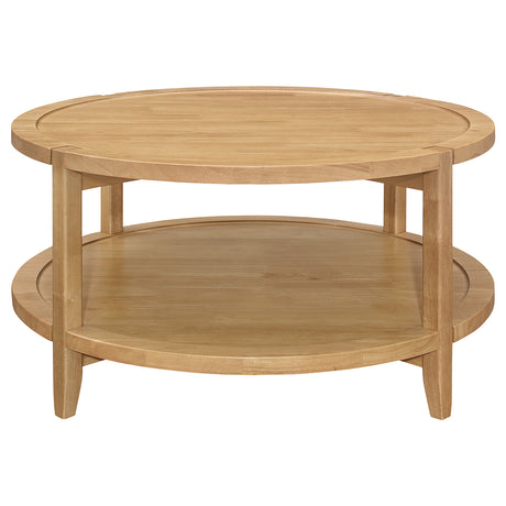 Camillo Round Coffee Table & End Table Sets - Modern Farmhouse Solid Rubberwood with Tray-Edge Shelf in Maple – view 9