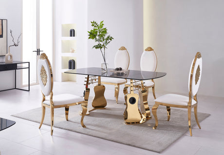 Contemporary smoked glass dining table with artistic gold guitar-shaped metal legs