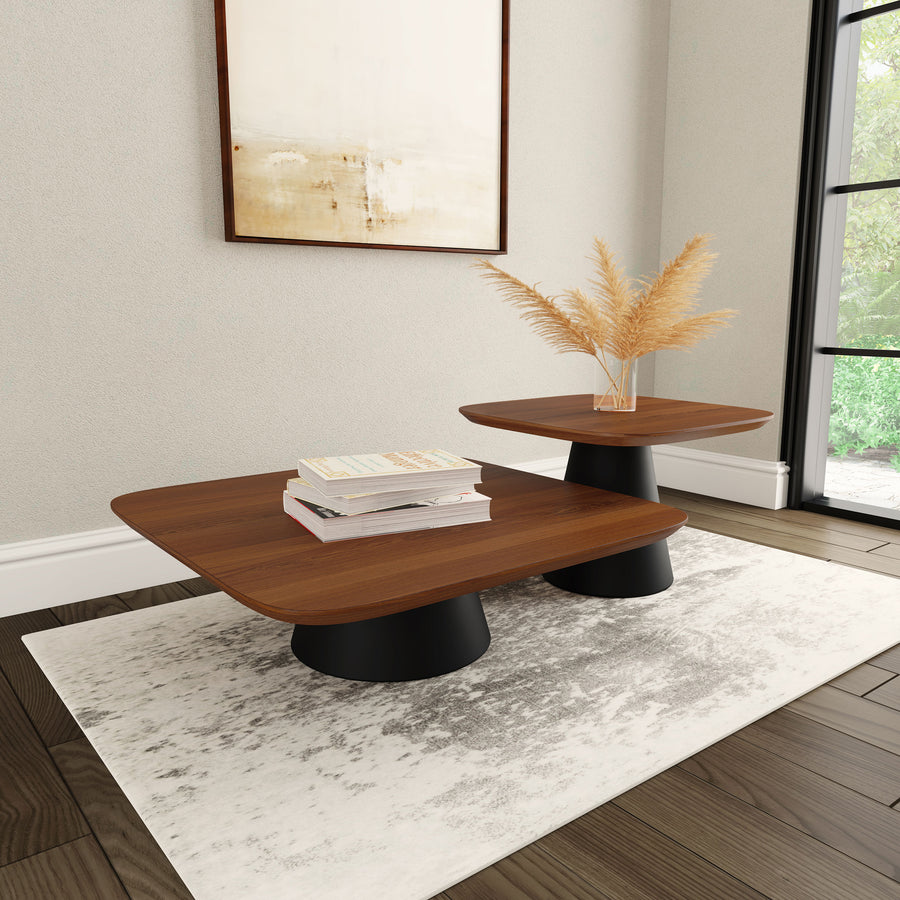 Eason 2-Piece Nesting Coffee Table Set - Walnut Square Tops on Black Conical Bases