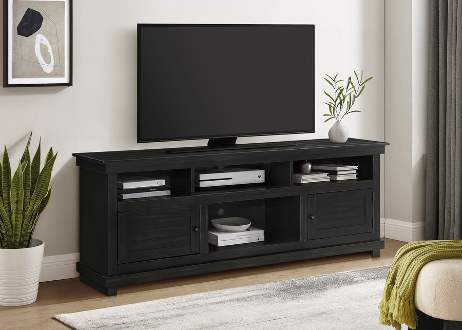 Payne 70" Farmhouse TV Stand - Distressed Java Pine with Cabinets & Open Shelves