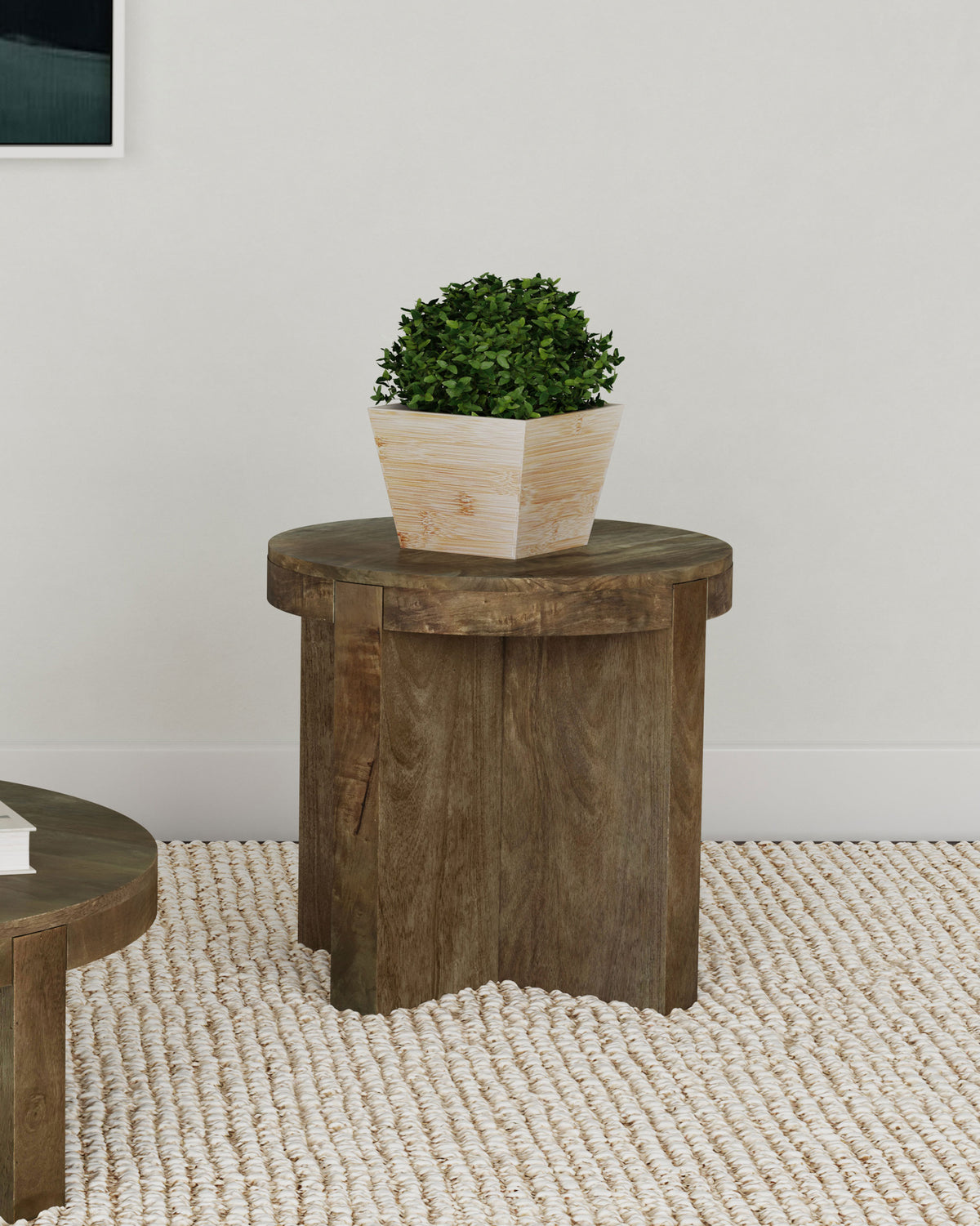 Kinkaid Round Solid Mango Wood Coffee & End Table - Thick Slab Legs in Dark Brown – view 2