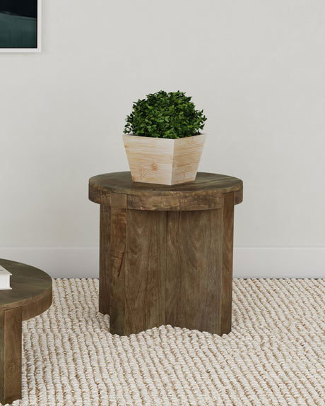 Kinkaid Round Solid Mango Wood Coffee & End Table - Thick Slab Legs in Dark Brown – view 2