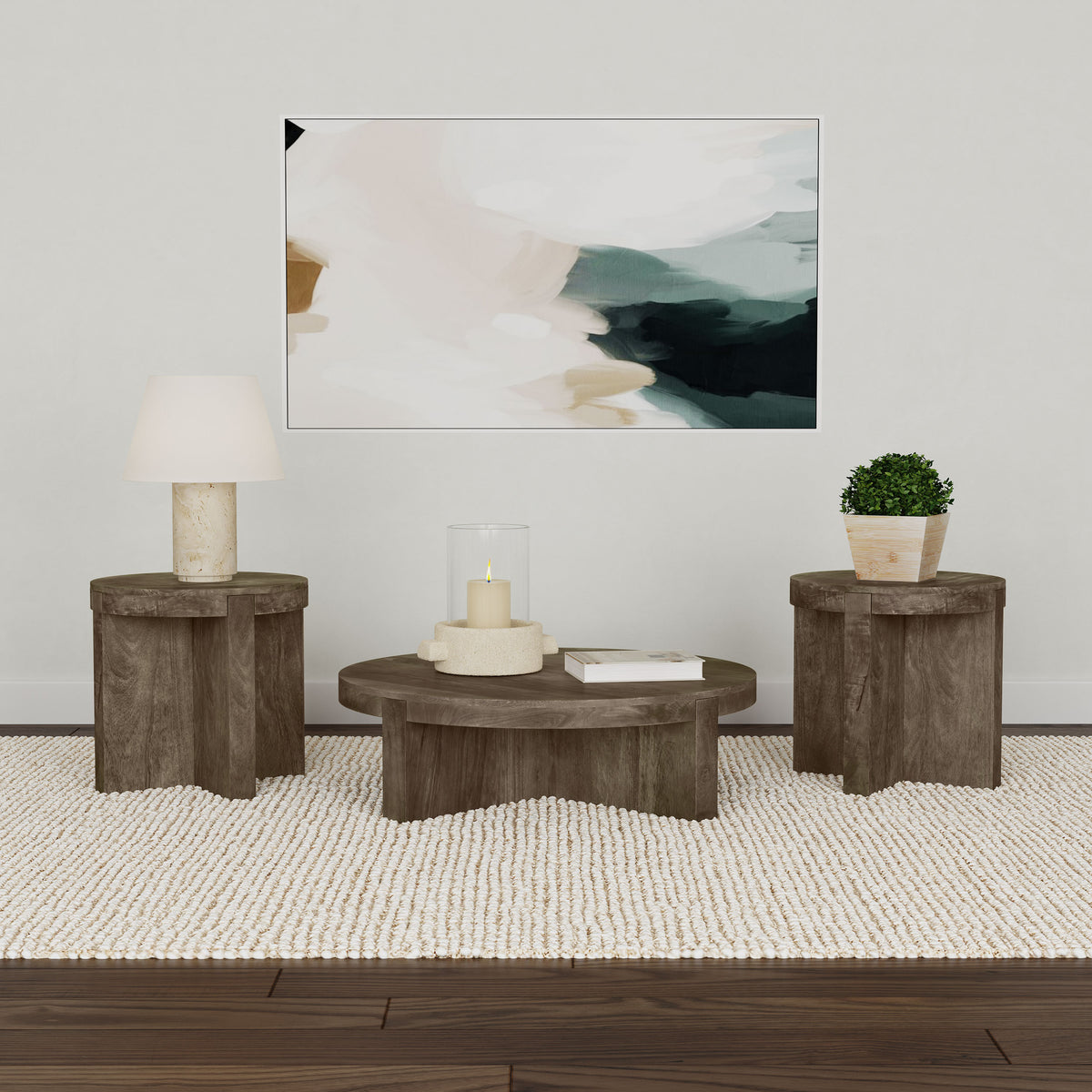 Kinkaid Round Solid Mango Wood Coffee & End Table - 3pcs- Coffee Table + 2 End Tables