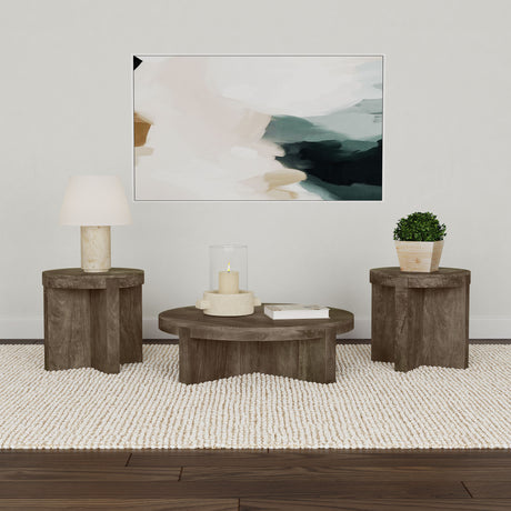 Kinkaid Round Solid Mango Wood Coffee & End Table - 3pcs- Coffee Table + 2 End Tables