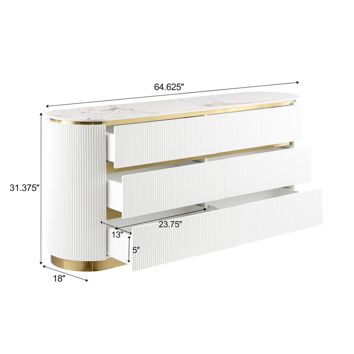 Trandell 65" Wide Modern Glam Faux Marble Top 6-Drawer Dresser - side view