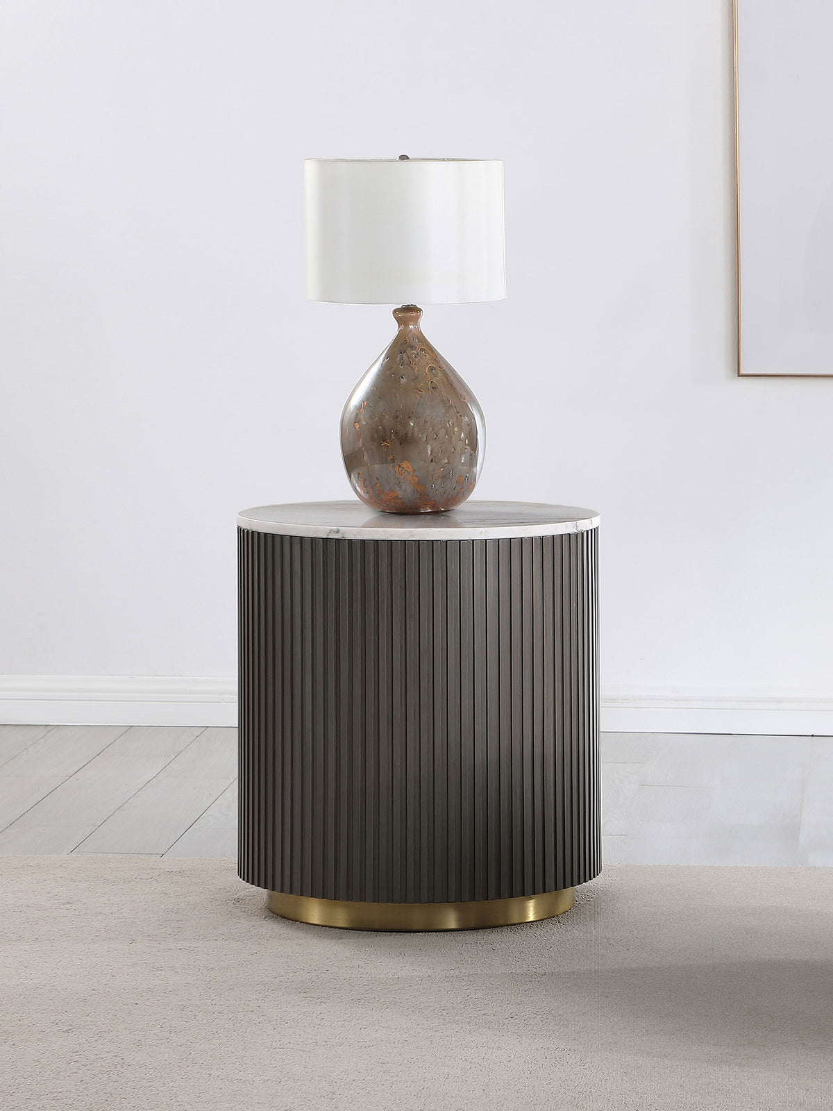 Jason Round White Marble Top Coffee Table, End Table & Sets - Reeded Charcoal Drum Base with Gold Ring – view 12