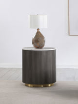 Jason Round White Marble Top Coffee Table, End Table & Sets - Reeded Charcoal Drum Base with Gold Ring – view 12