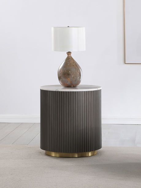 Jason Round White Marble Top Coffee Table, End Table & Sets - Reeded Charcoal Drum Base with Gold Ring – view 12