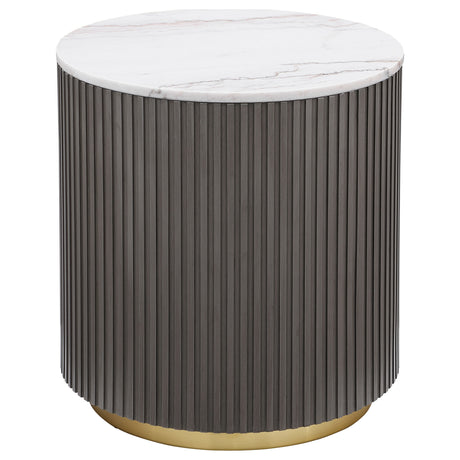 Jason Round White Marble Top Coffee Table, End Table & Sets - Reeded Charcoal Drum Base with Gold Ring – view 20