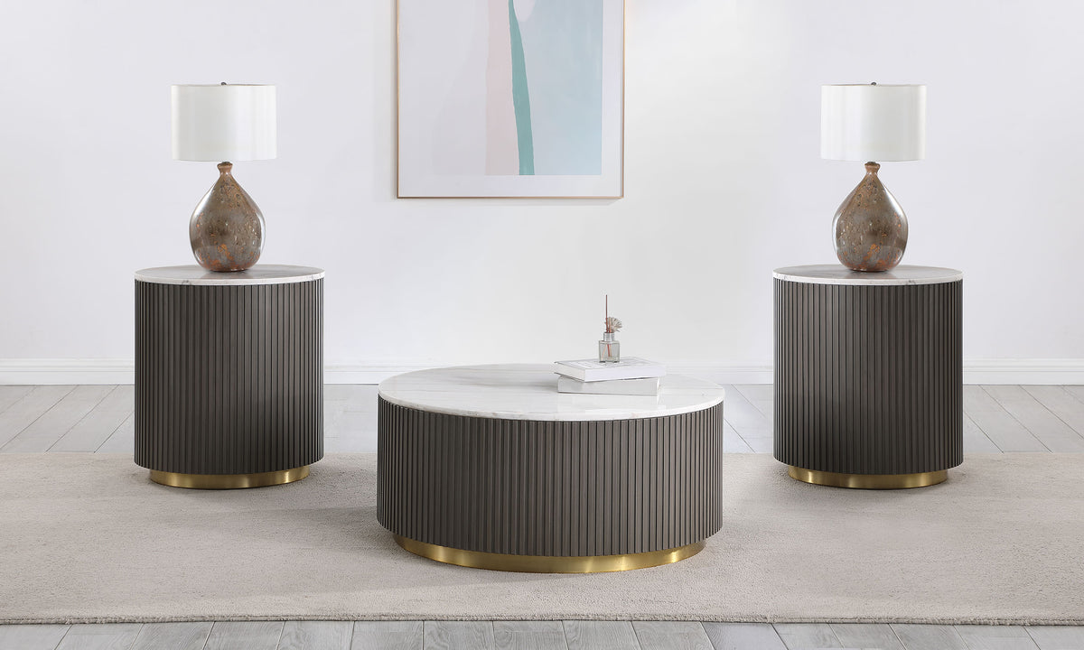 Jason Round White Marble Top Coffee Table, End Table & Sets - 3pcs- Coffee Table + 2 End Tables