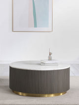Jason Round White Marble Top Coffee Table, End Table & Sets - Reeded Charcoal Drum Base with Gold Ring – view 1