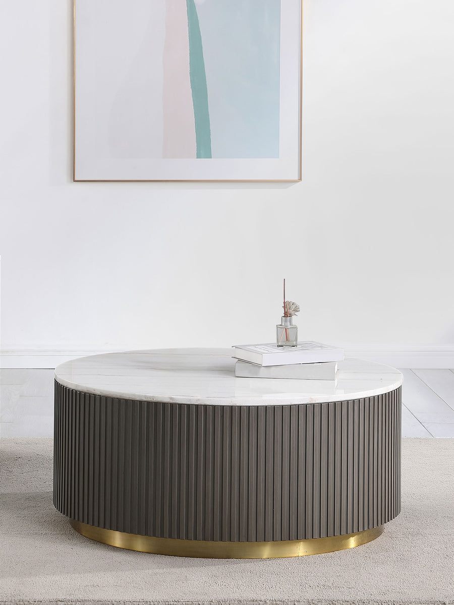 Jason Round White Marble Top Coffee Table, End Table & Sets - Reeded Charcoal Drum Base with Gold Ring