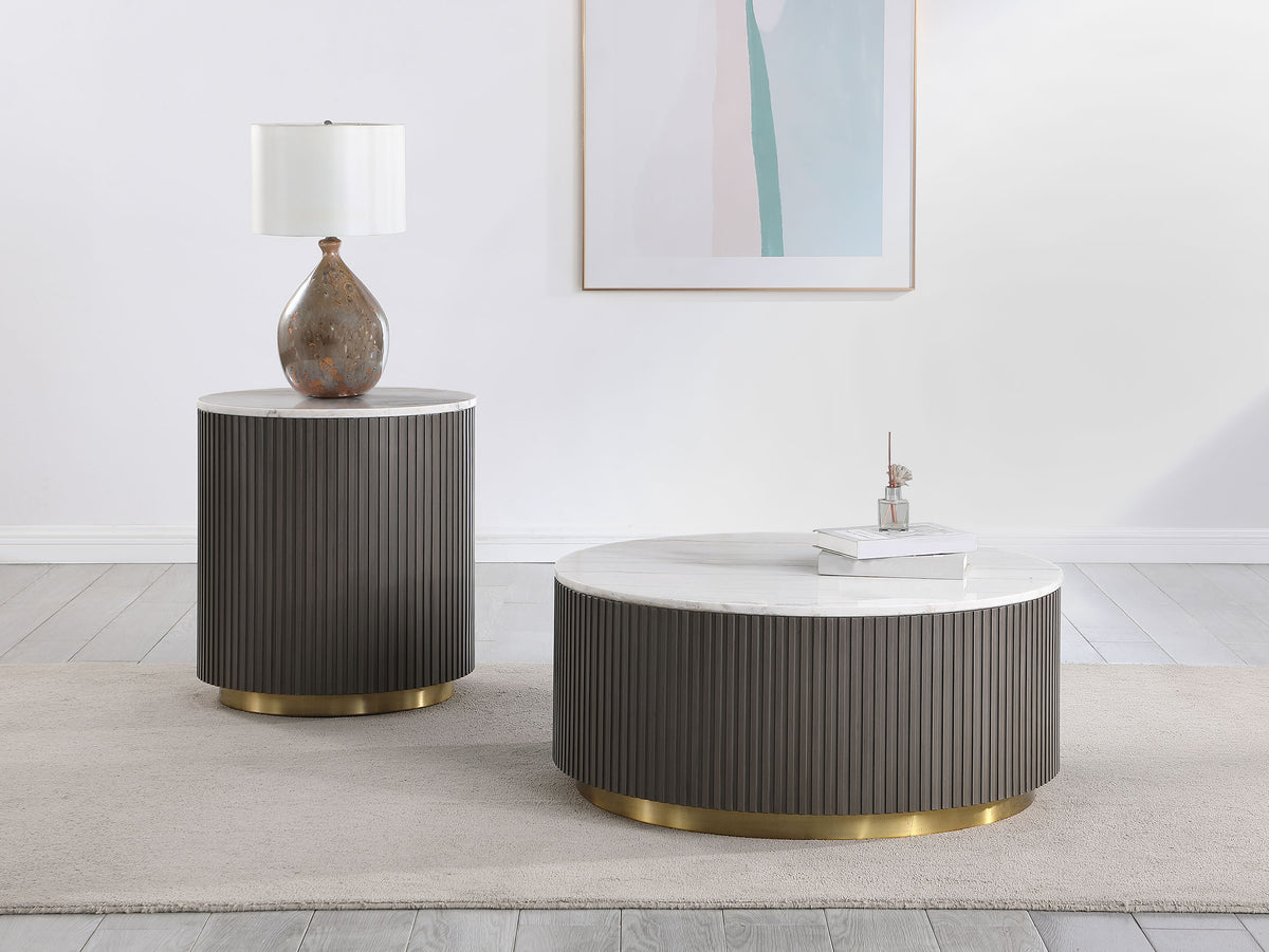 Jason Round White Marble Top Coffee Table, End Table & Sets - Reeded Charcoal Drum Base with Gold Ring – view 11