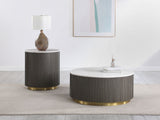 Jason Round White Marble Top Coffee Table, End Table & Sets - Reeded Charcoal Drum Base with Gold Ring – view 11
