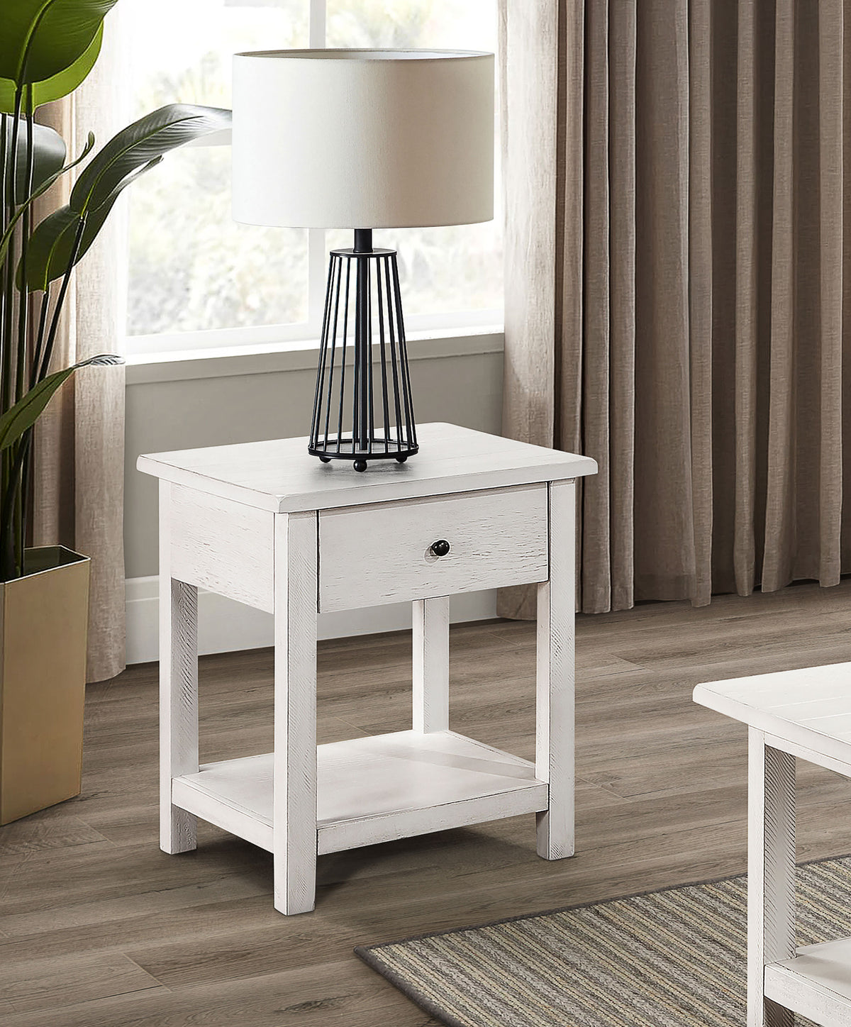 Payne Coffee Table, End Tables & Console - Farmhouse Distressed White with Lower Shelves - lifestyle