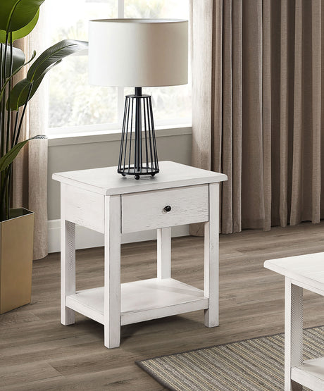 Payne Coffee Table, End Tables & Console - Farmhouse Distressed White with Lower Shelves - lifestyle