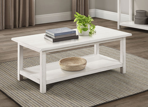 Payne Coffee Table, End Tables & Console - Farmhouse Distressed White with Lower Shelves