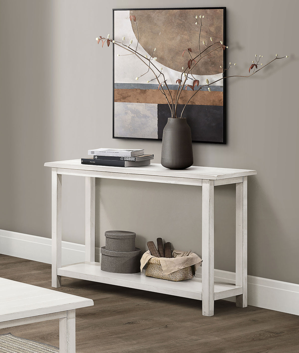 Payne Coffee Table, End Tables & Console - Farmhouse Distressed White with Lower Shelves - lifestyle