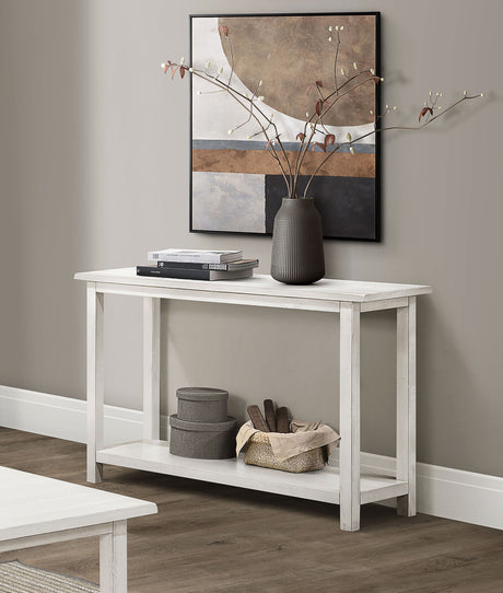 Payne Coffee Table, End Tables & Console - Farmhouse Distressed White with Lower Shelves - lifestyle