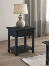 Payne Coffee Table, End Tables & Console - Rustic Farmhouse Distressed Java with Open Shelves - lifestyle