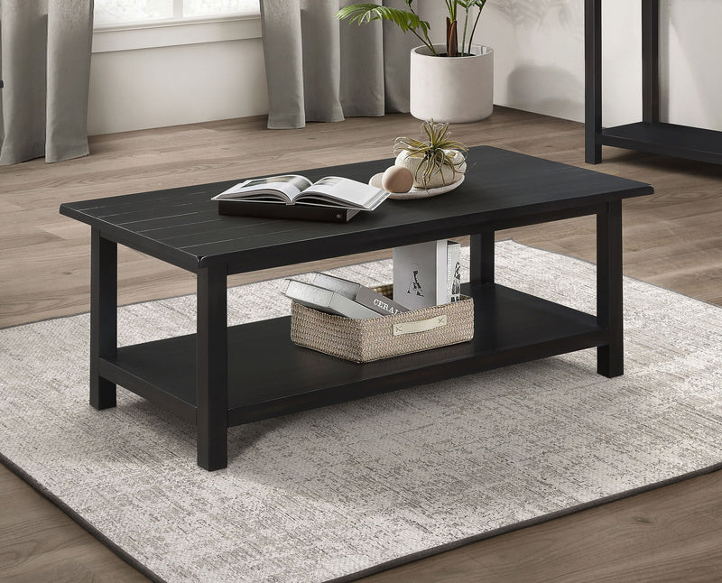 Payne Coffee Table, End Tables & Console - Rustic Farmhouse Distressed Java with Open Shelves